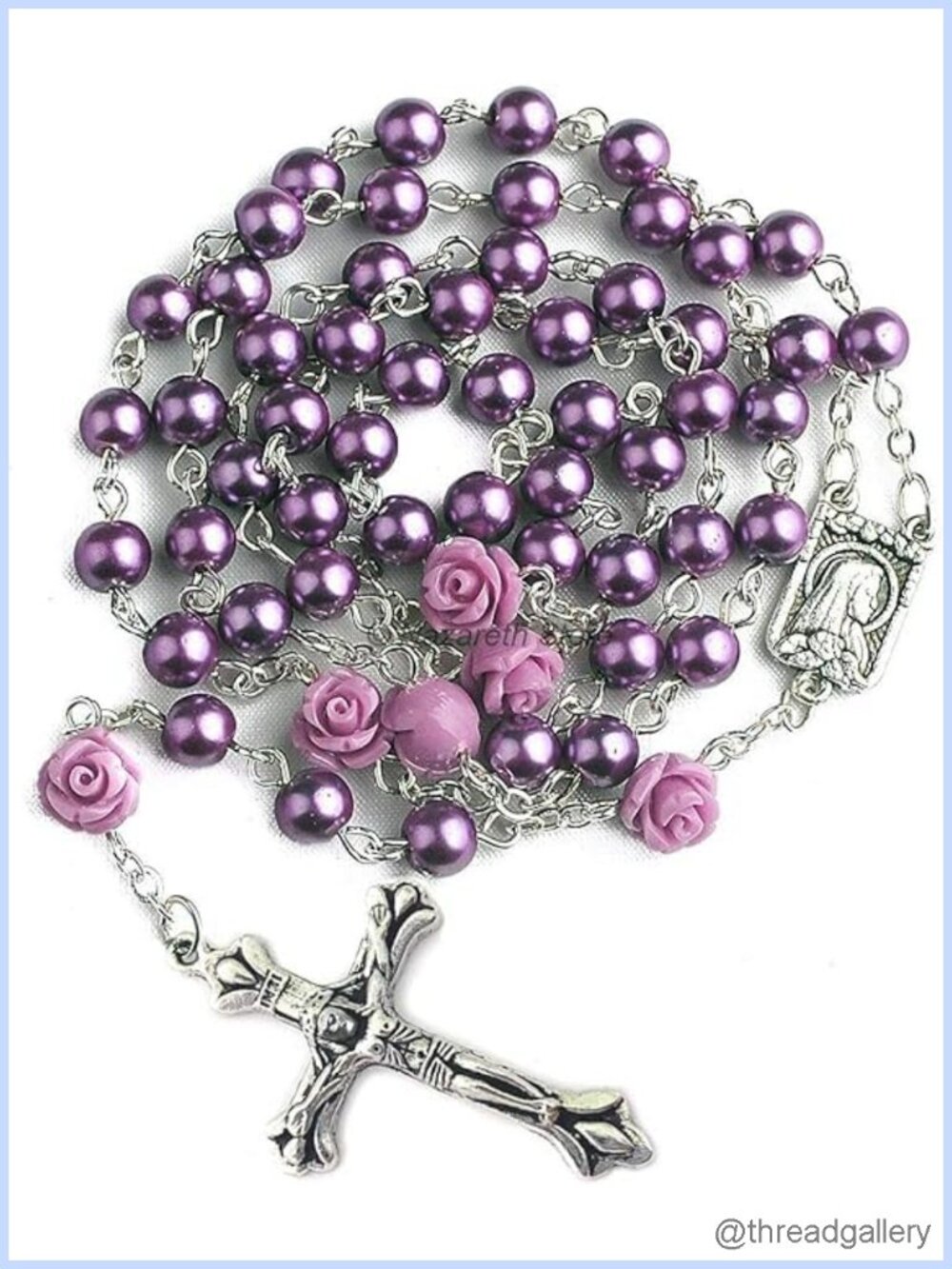 Catholic Purple Pearl Imitation Beads Rosary Necklace Silver Plated Jesus